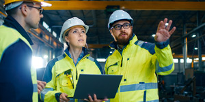 Photo of people wearing protective gear discussing a project