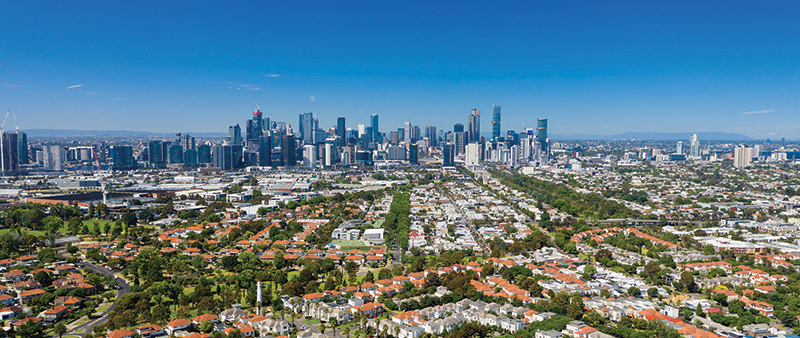 A distant, aerial view of Melbourne