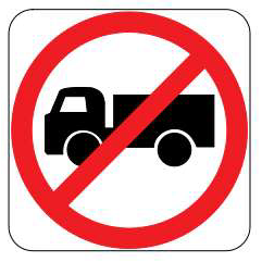 Icon, f=drawing of black truck with red "not allowed" circle