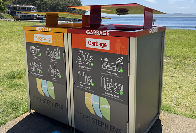 Outdoor recycling and garbage bins at Port Stephens Council (NSW)