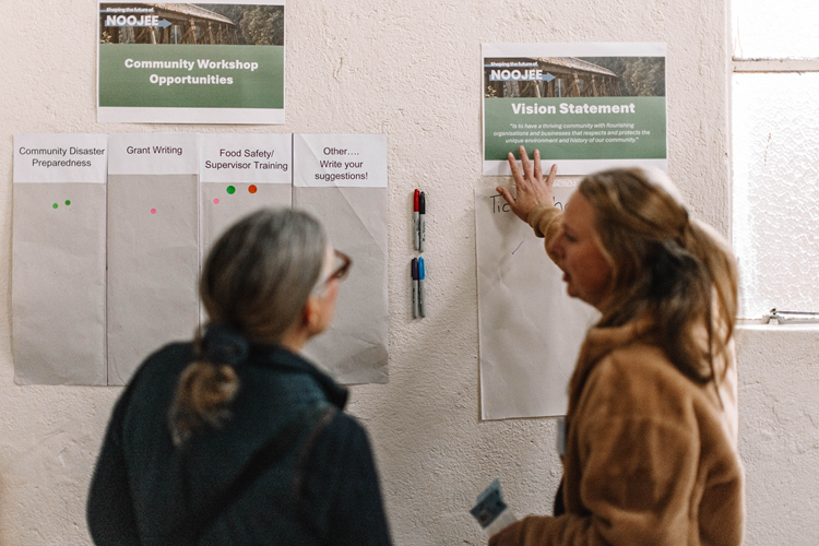 Two women at a community notice board